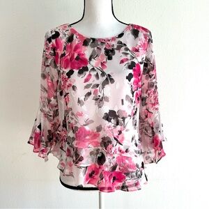 Alex Evenings Chiffon Blouse Petite Size SP Pink Asymmetrical Floral Party NEW